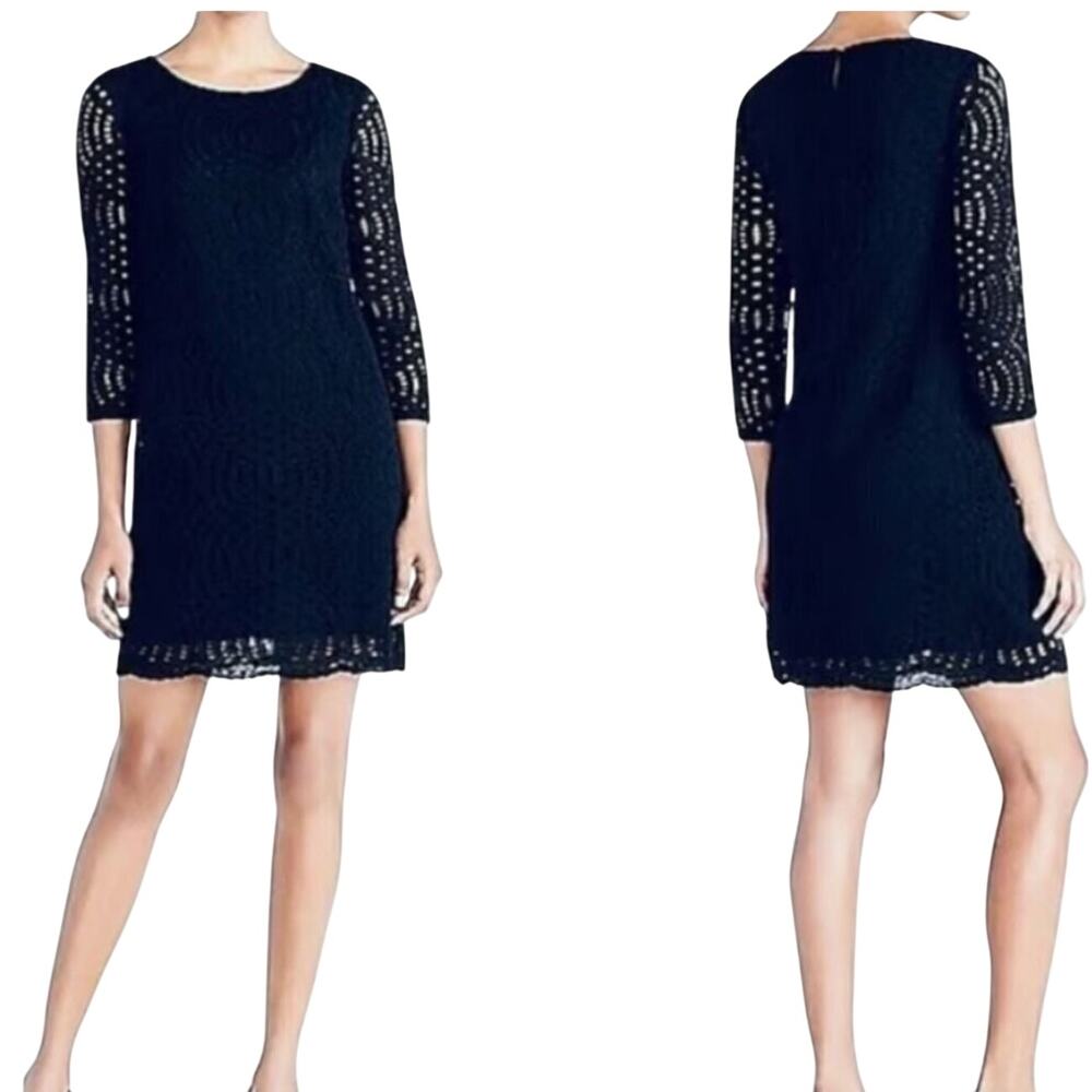 J Crew Midnight Navy Eyelet Lace 3/4 Sleeve Sheath Dress 2